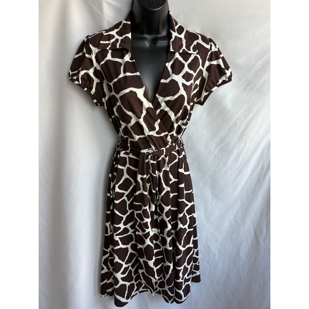 INC International Concepts Faux Wrap Zebra Print Dress Brown White Fit Flare M